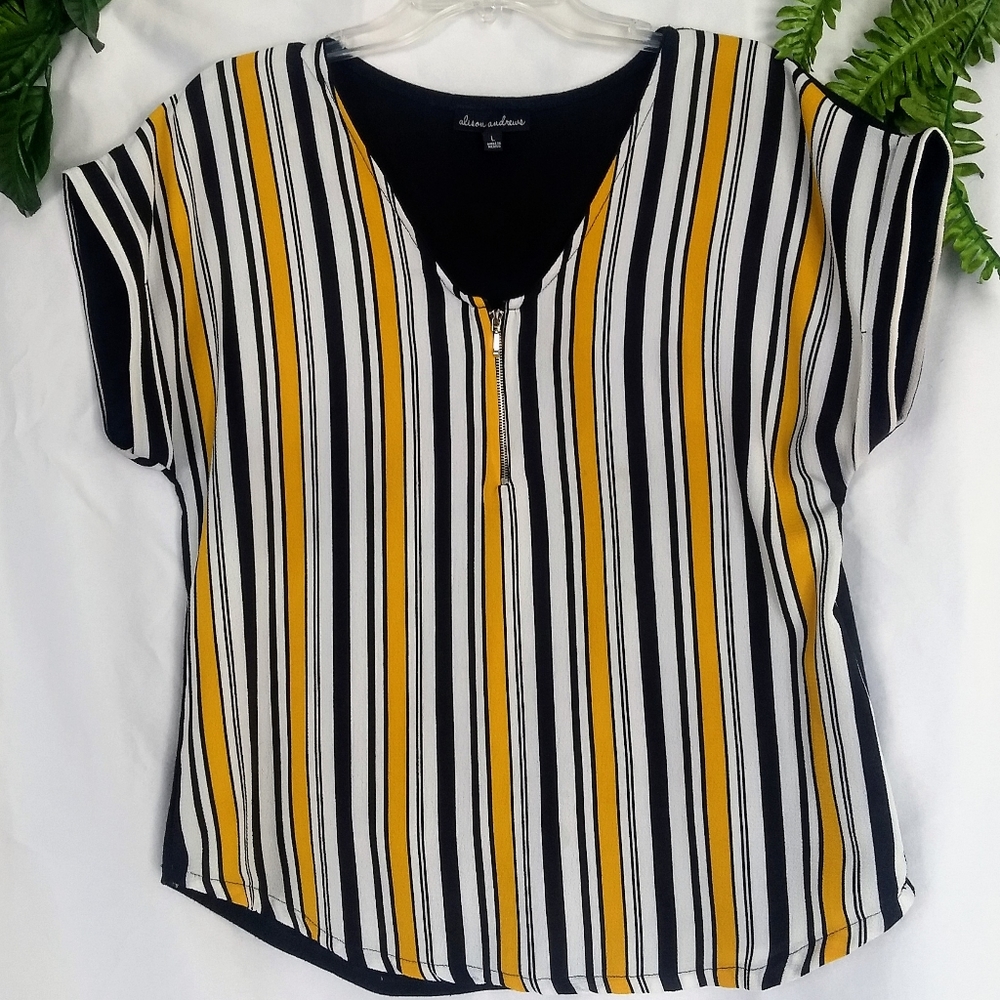 alison andrews L yellow & Black striped zippered pullover L